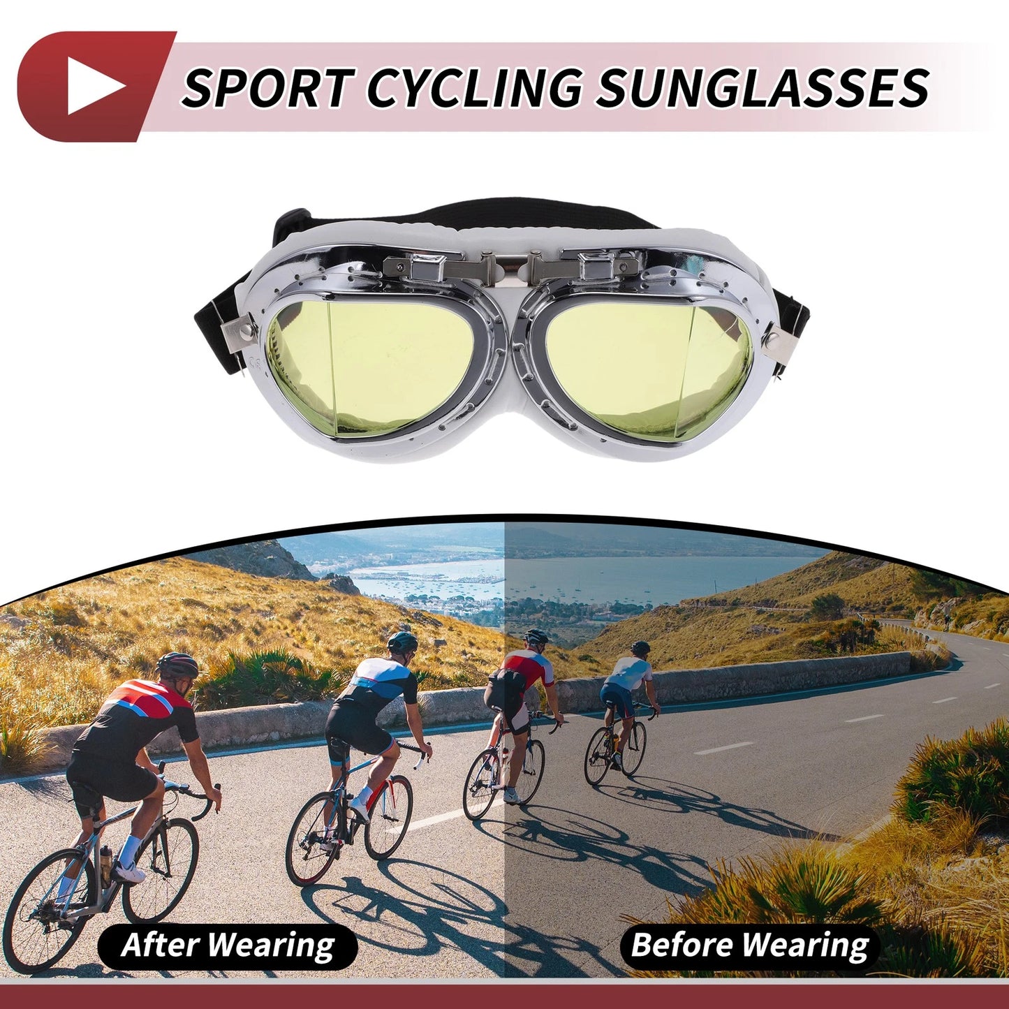 1 x Set Motorcycle Riding Goggles Yellow Lens White Frame Cycling Sunglasses