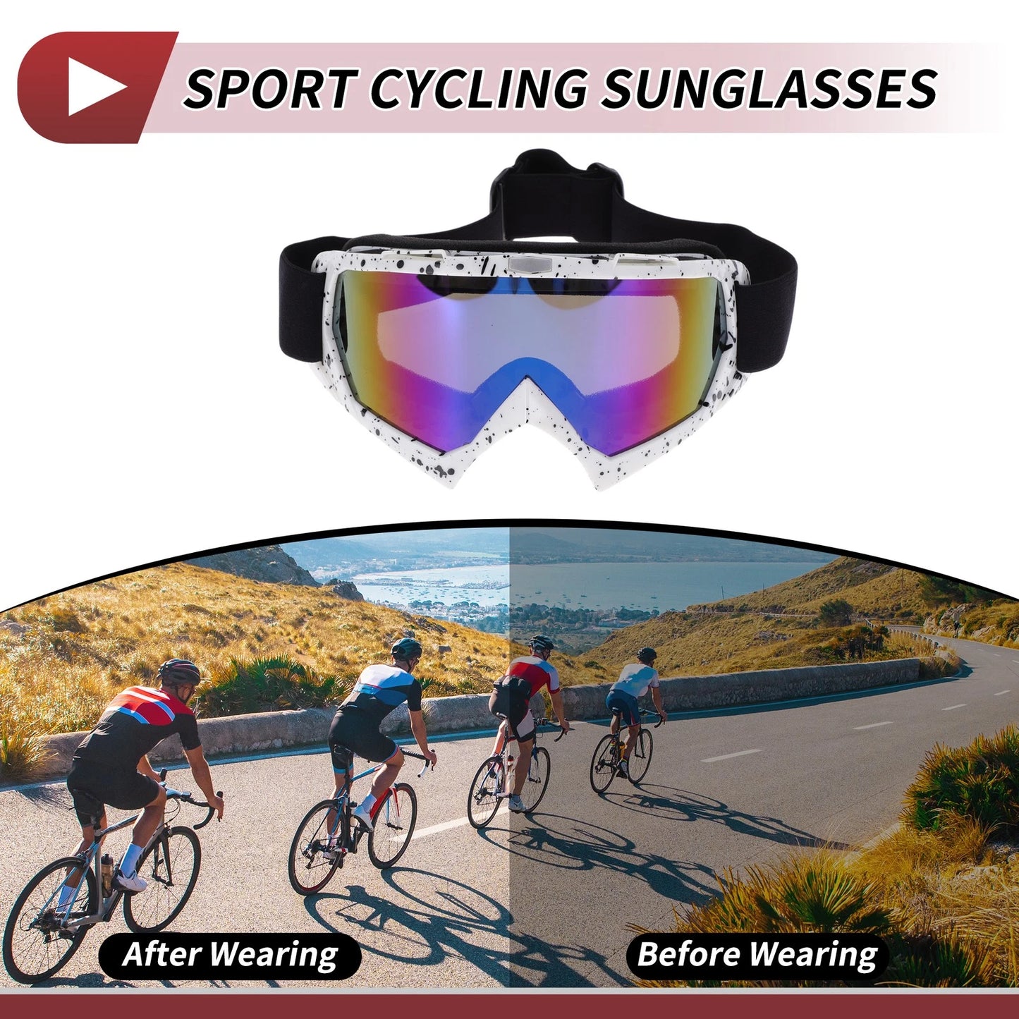 Motorcycle Riding Goggles Blue Lens Black White Frame PC TPU Cycling Sunglasses