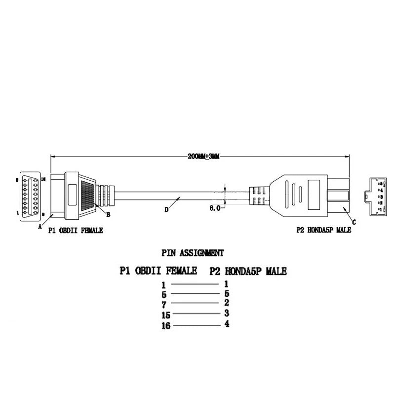 5 Pin OBD1 to 16 Pin OBD2 Diagnostic Connector Cable Fit for Honda Acura
