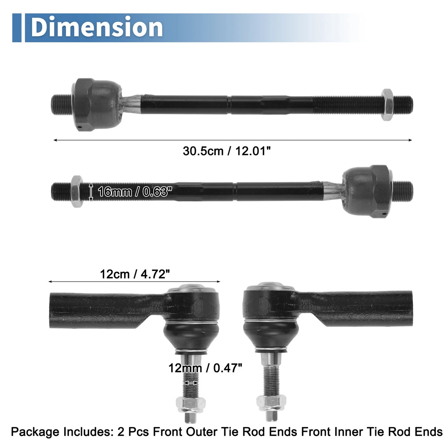 4 x Front Inner Outer Tie Rod Ends for Ford Mustang (2015-2019)