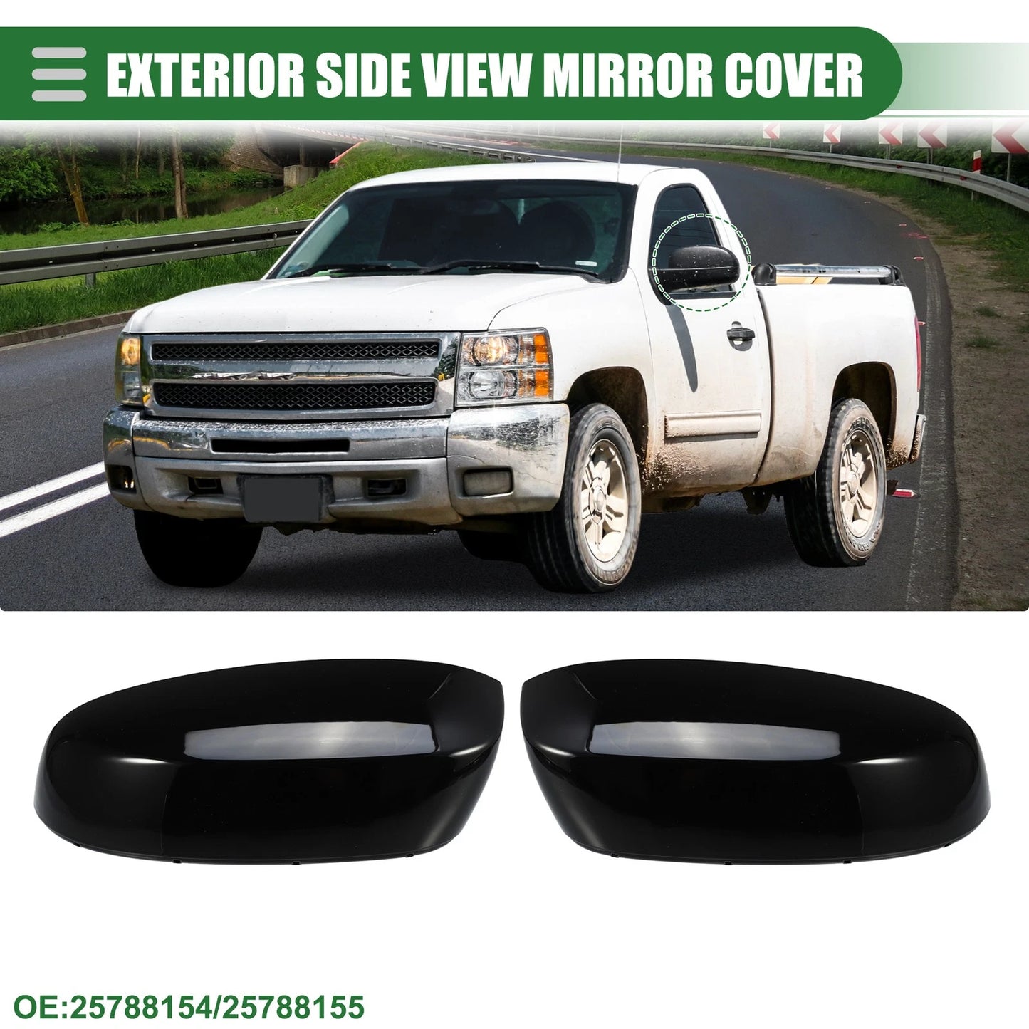 Pair Left Right Rearview Mirror Cap for Chevrolet Silverado 1500 Gloss Black