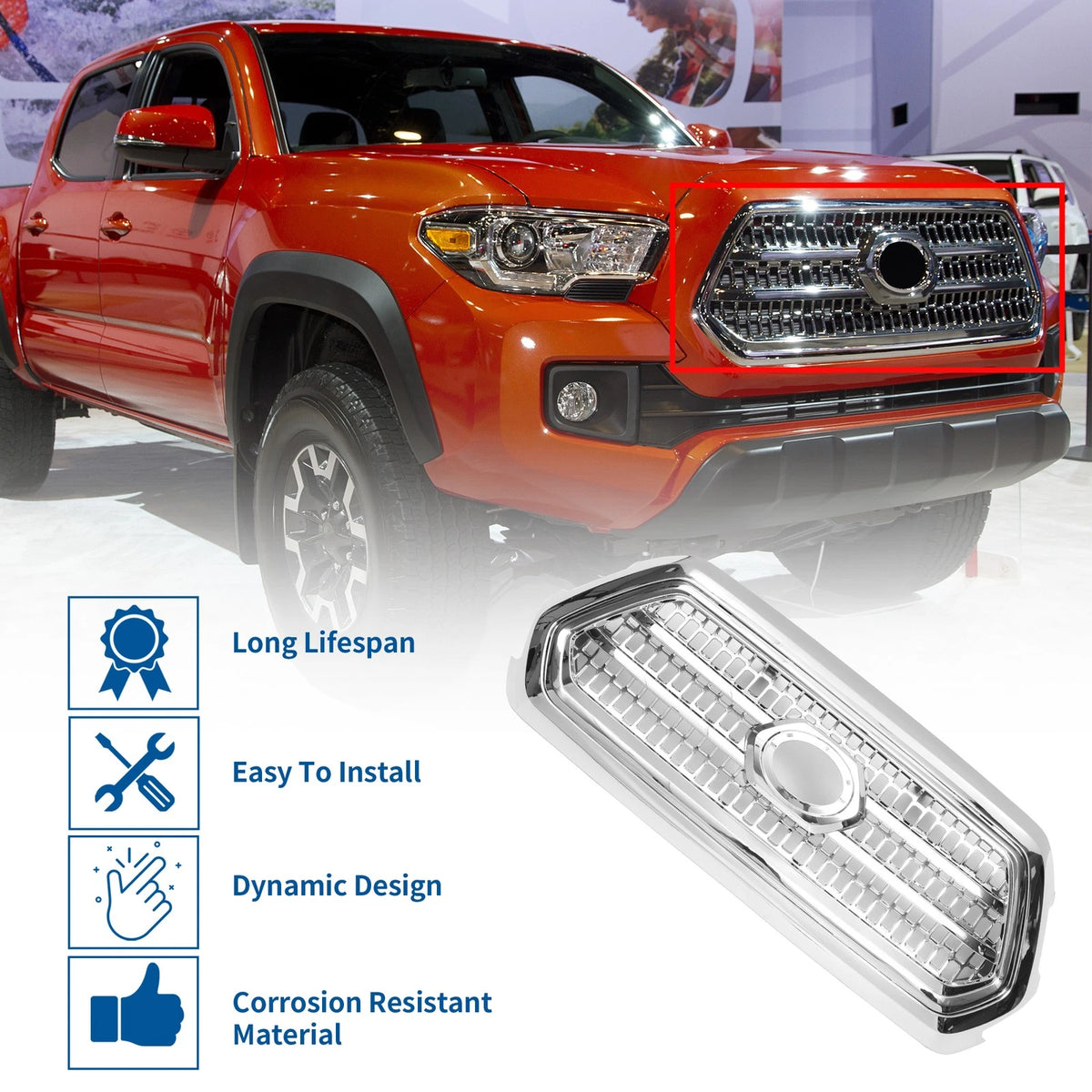 Front Hood Bumper Grille for Toyota Tacoma (2016-2020) Chrome Silver Tone