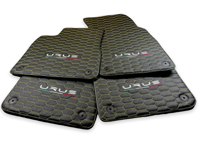 Leather Floor Mats for Lamborghini URUS 2018-2024 Black with Yellow Stitching