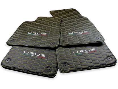 Leather Floor Mats for Lamborghini URUS 2018-2024 Black with Yellow Stitching