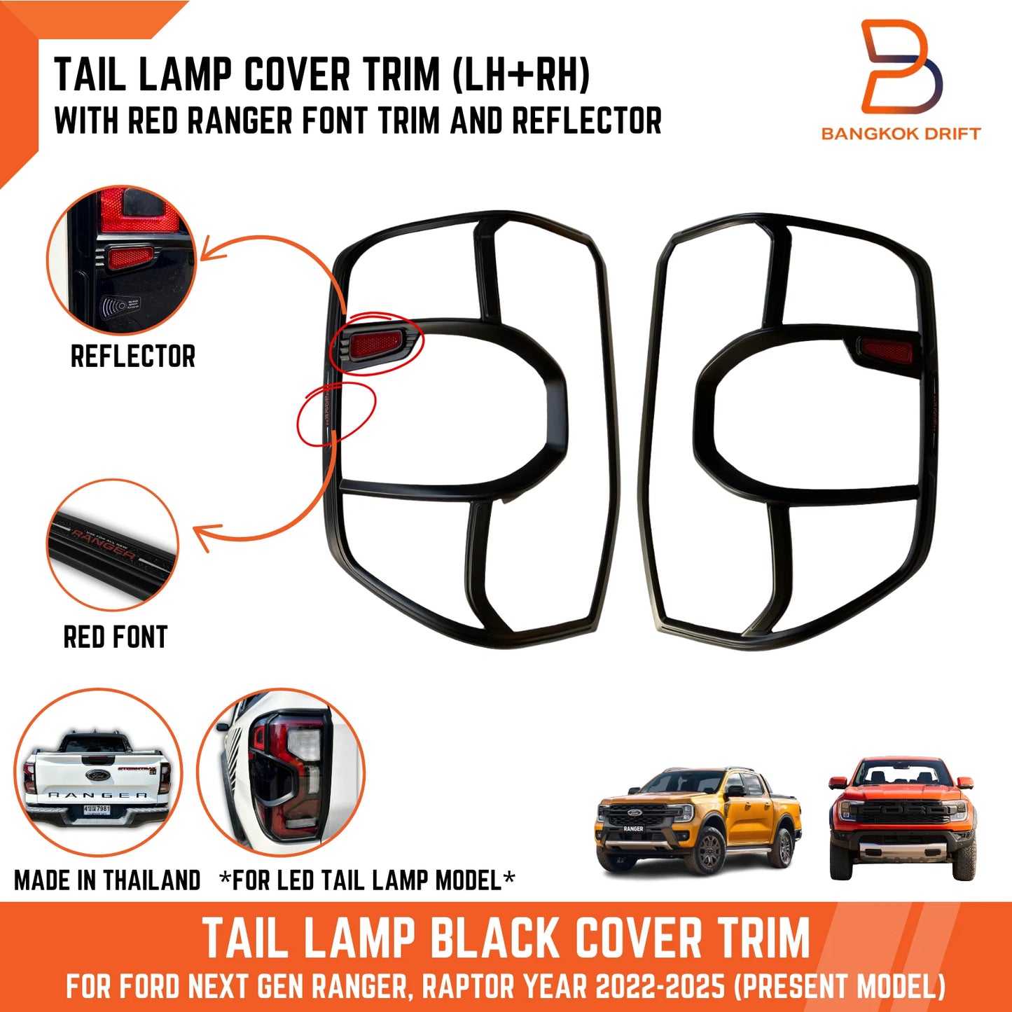 Black Red Reflector Taillight Cover Trim for Ford Ranger Raptor (2022-2025)