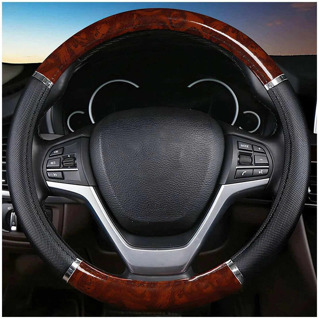 Wood Grain Leather Steering Wheel Cover for Auto Car SUV (Fits Most Models)