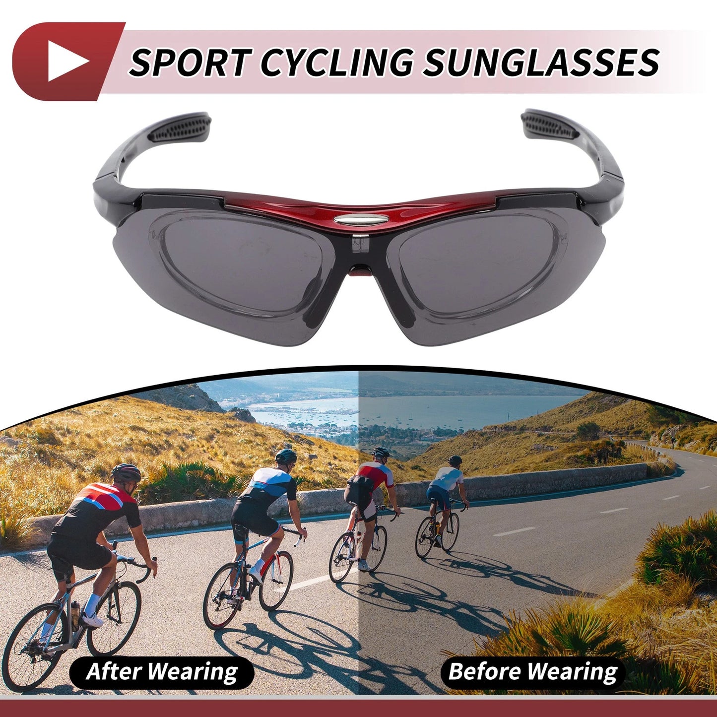 Motorcycle Riding Goggles Dark Gray Lens Red Black Frame PC Cycling Sunglasses