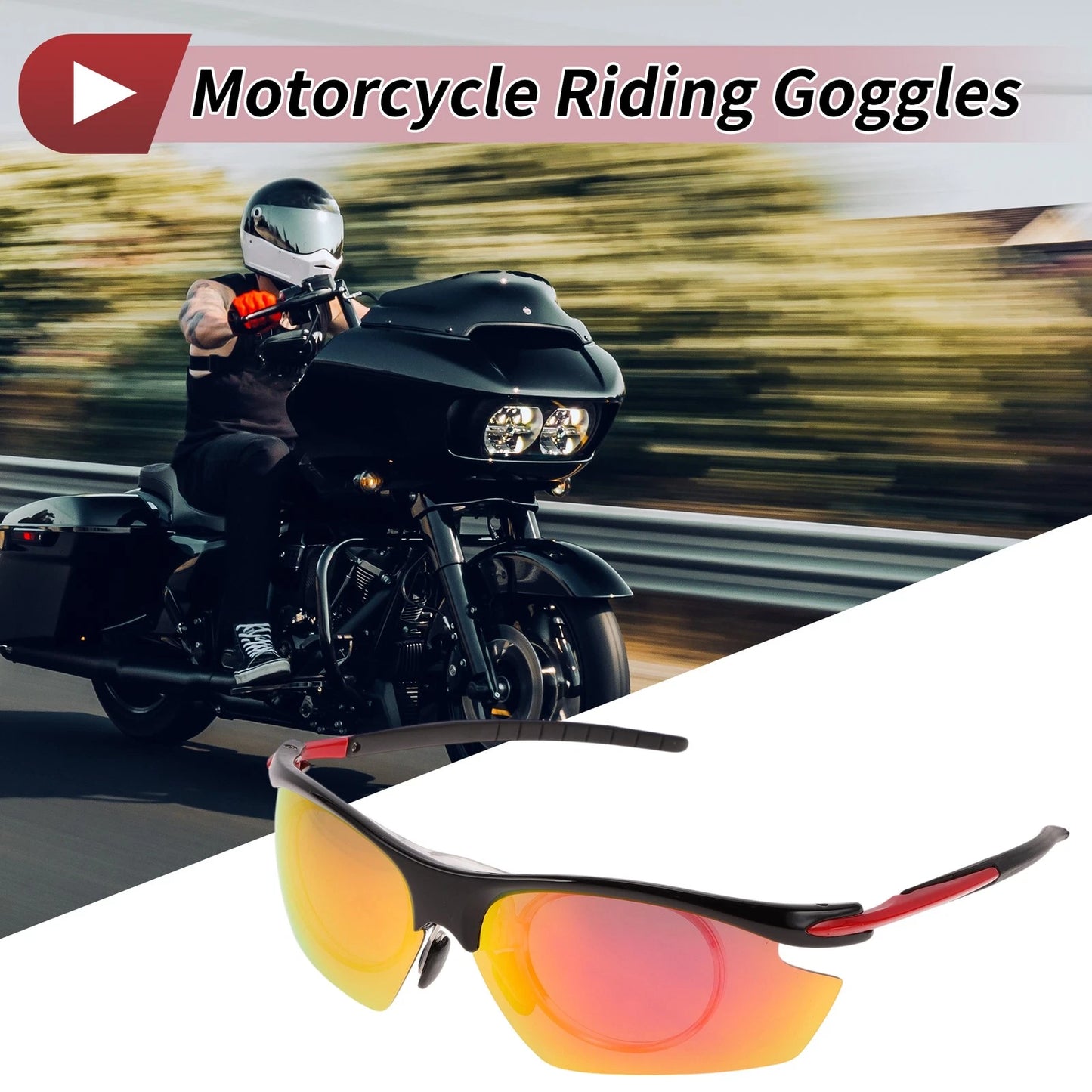 Goggles Motorcycle Riding Red Lens Black Red Frame Tri-acetel Cellulose