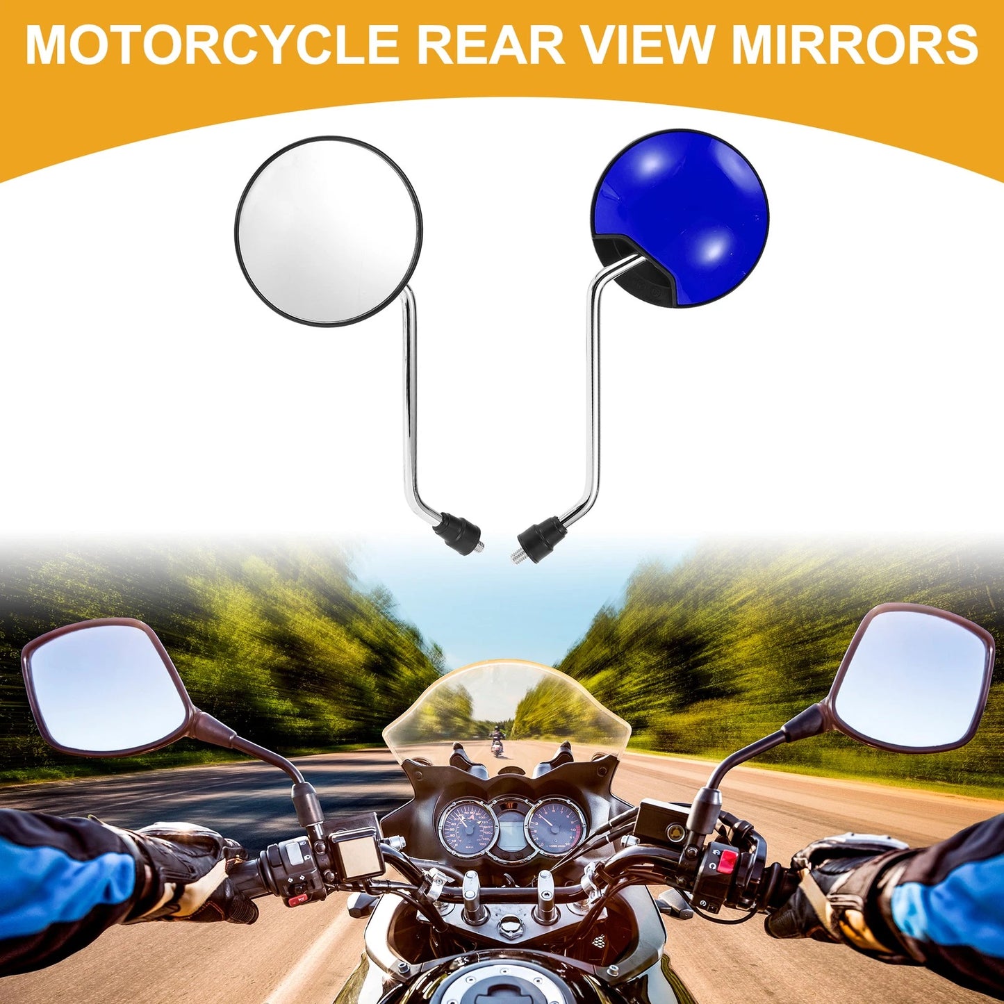 Handlebar Mirrors for M8 Motorcycle - Silver Tone Blue Iron Plastic