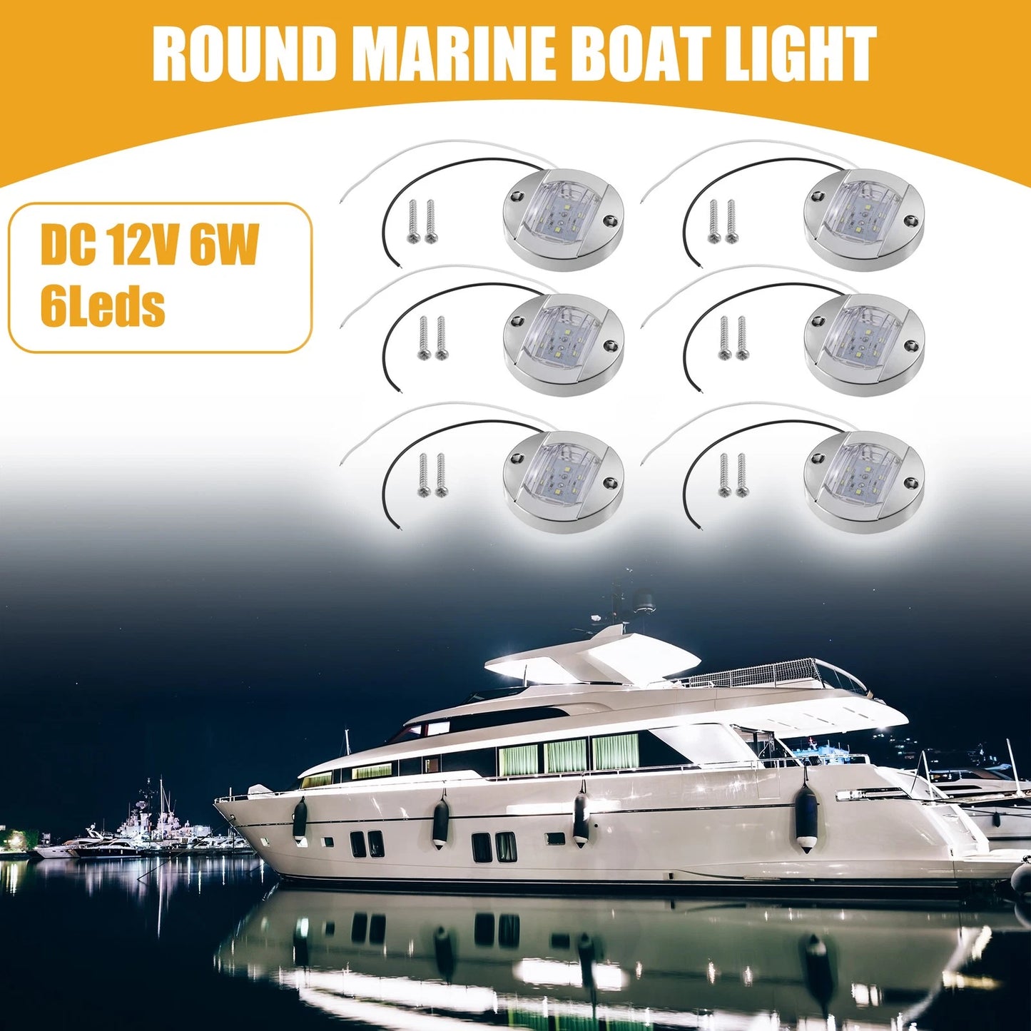 6 x Universal Interior Round Marine Boat Light with 6 LEDs for Boat White