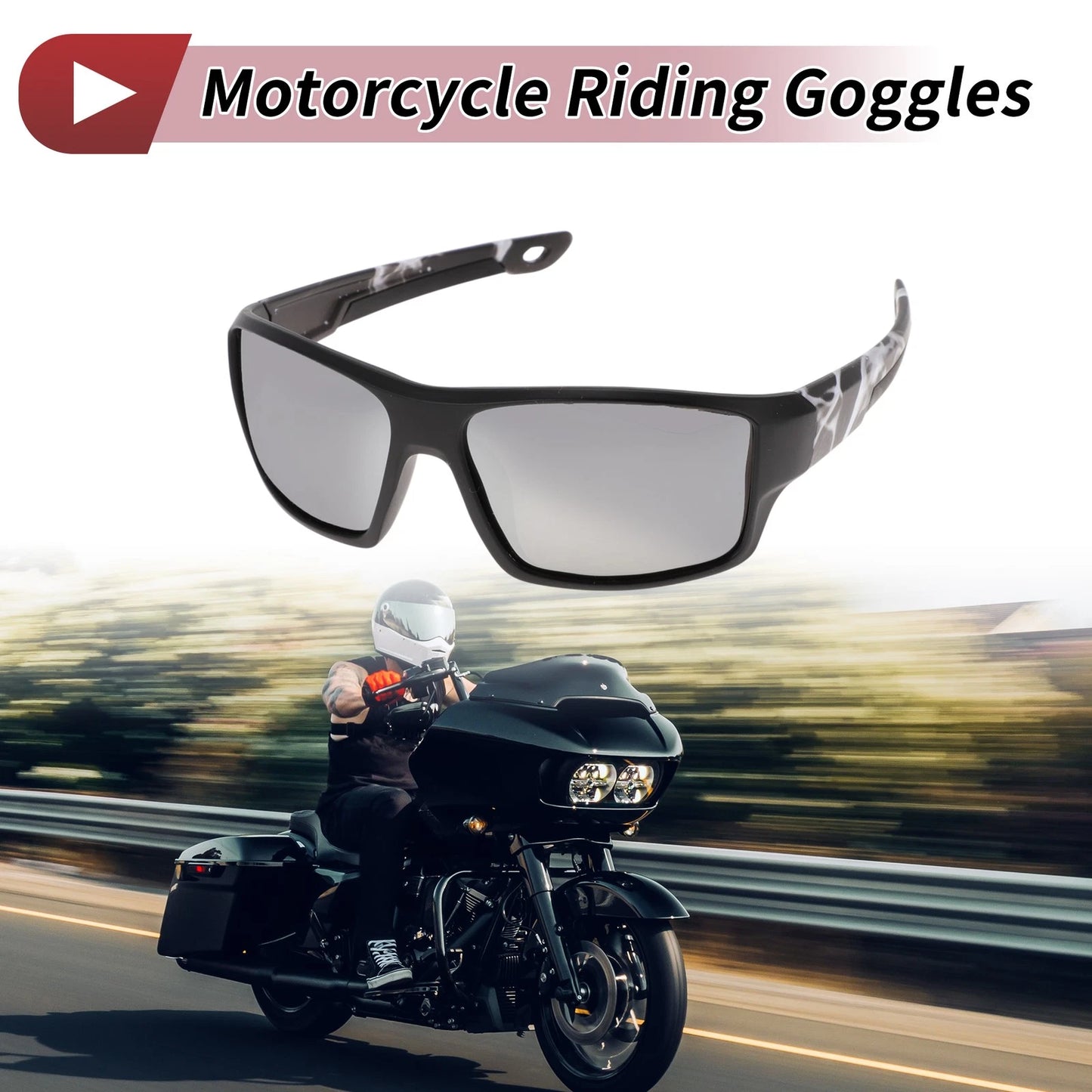Motorcycle Riding Goggles Silver Tone Lens Black Frame Tri-acetel Cellulose