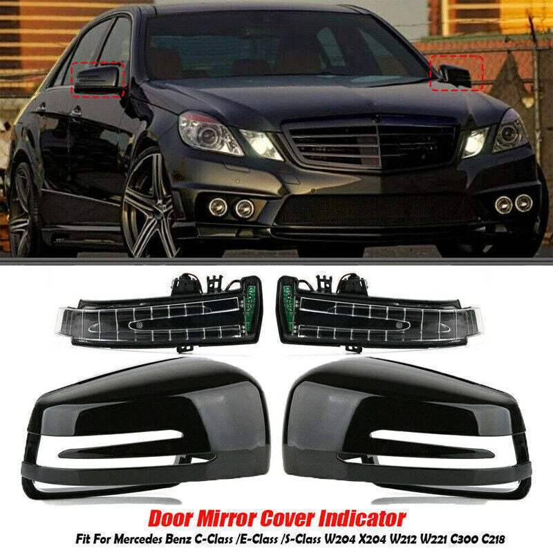 4PC Black Rearview Mirror Covers & Turn Signal Lights for Mercedes W204 W212 W246