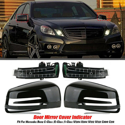 4PC Black Rearview Mirror Covers & Turn Signal Lights for Mercedes W204 W212 W246