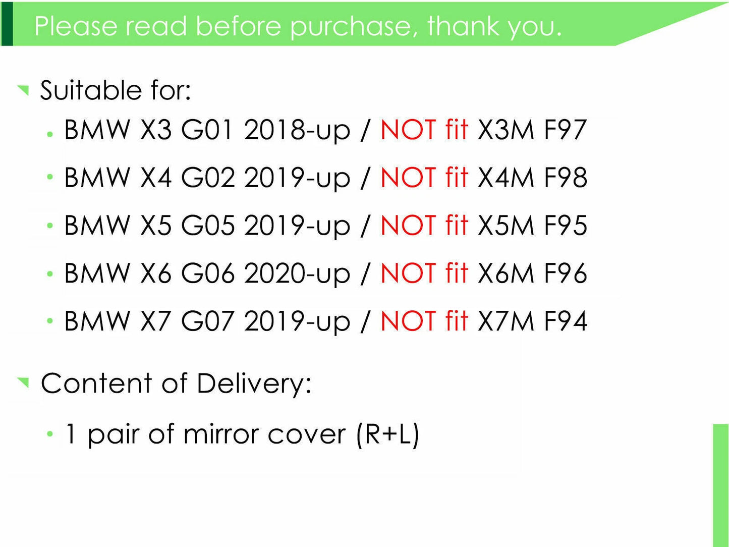 M Style Carbon Fiber Side Mirror Covers for BMW X3 X4 X5 X6 X7 G05 G01 G02 G03