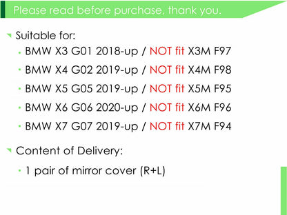 M Style Carbon Fiber Side Mirror Covers for BMW X3 X4 X5 X6 X7 G05 G01 G02 G03