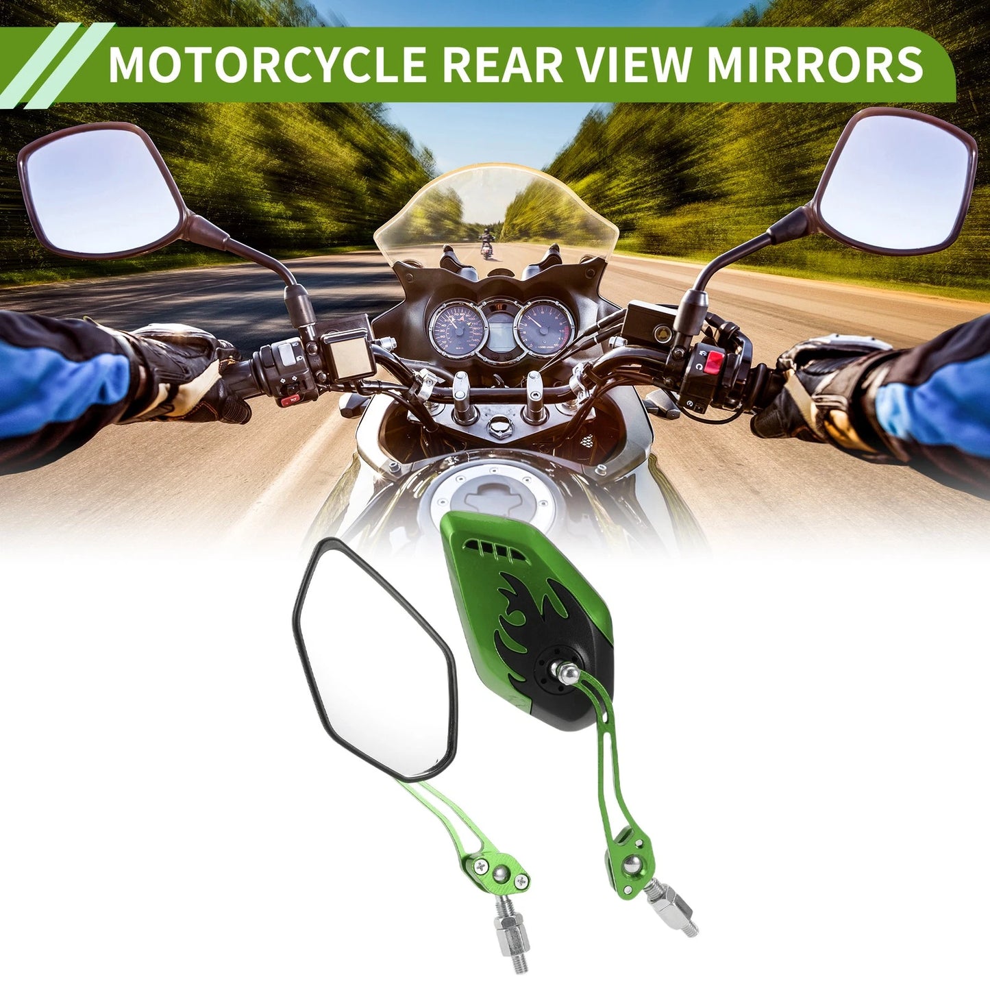 M8/M10 Motorcycle Rear View Mirrors Polygonal Shape Black Green Aluminum Alloy