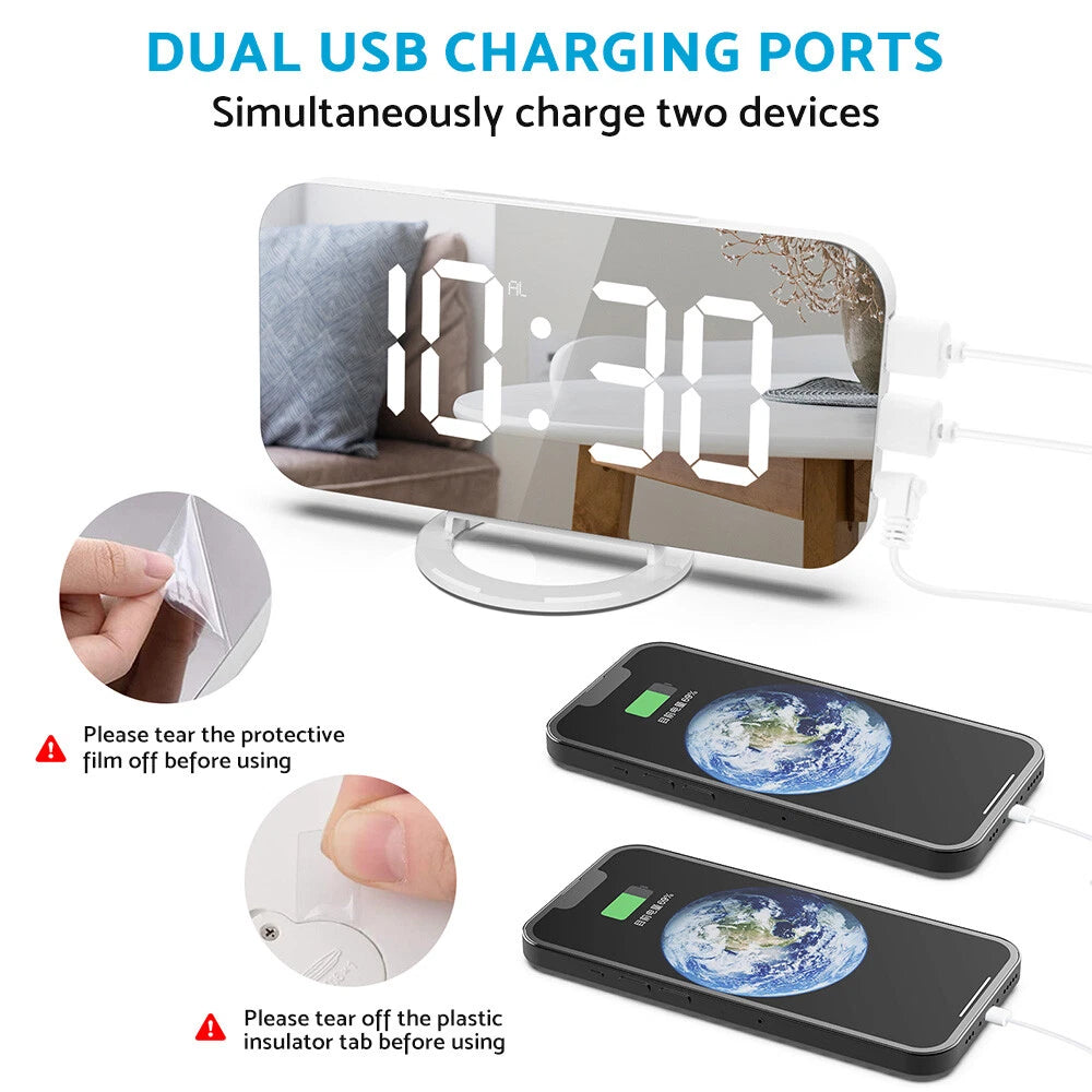 LED Digital Alarm Clock Mirror Display with Snooze for Bedroom Wall