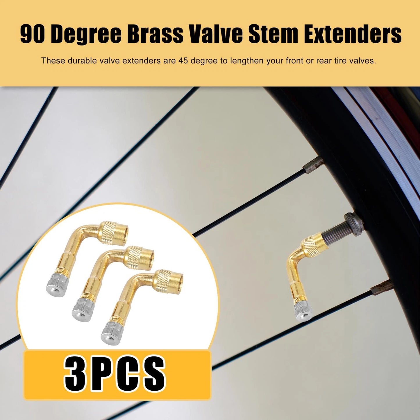 3 x Tyre Valve Stem Extension Extenders for Car Motorcycle Gold Tone