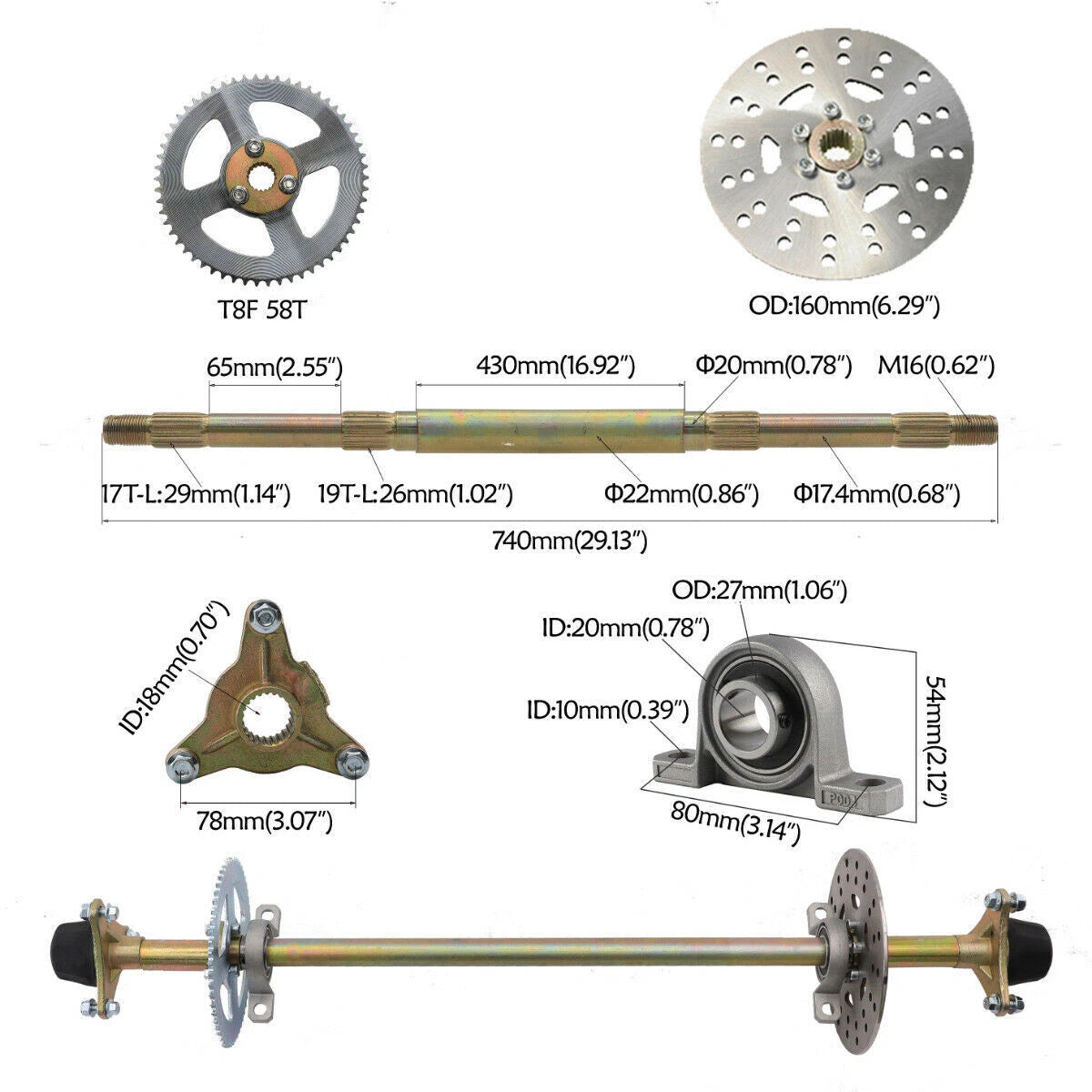 740mm 22mm Go Kart Rear Axle Hubs Brake Disc Sprocket for Drift Trike Buggy