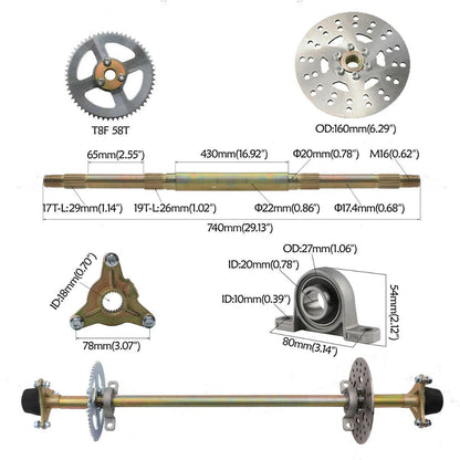 740mm 22mm Go Kart Rear Axle Hubs Brake Disc Sprocket for Drift Trike Buggy