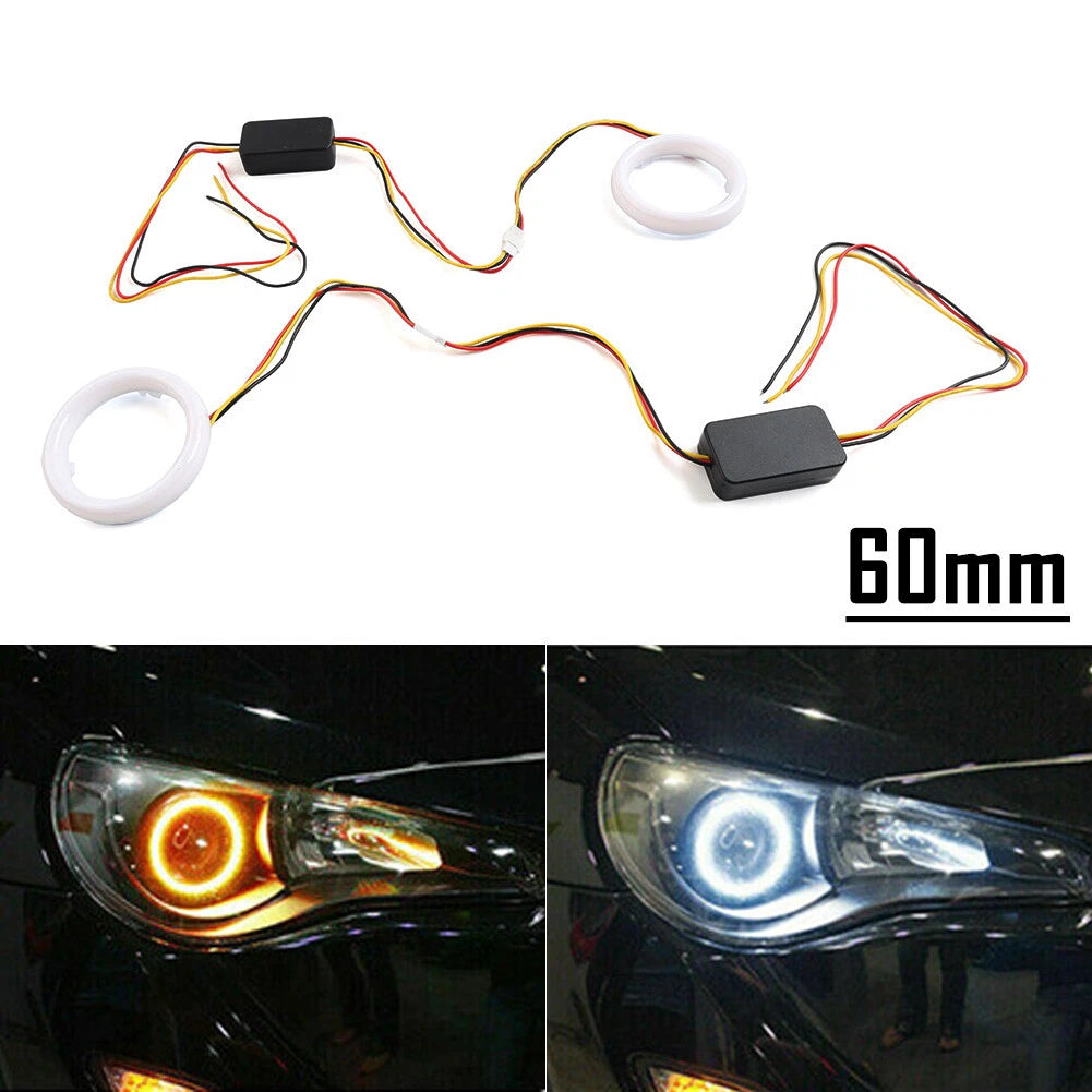 2 x White Amber Switchback LED Halo Rings for Car Headlight Retrofit 60MM