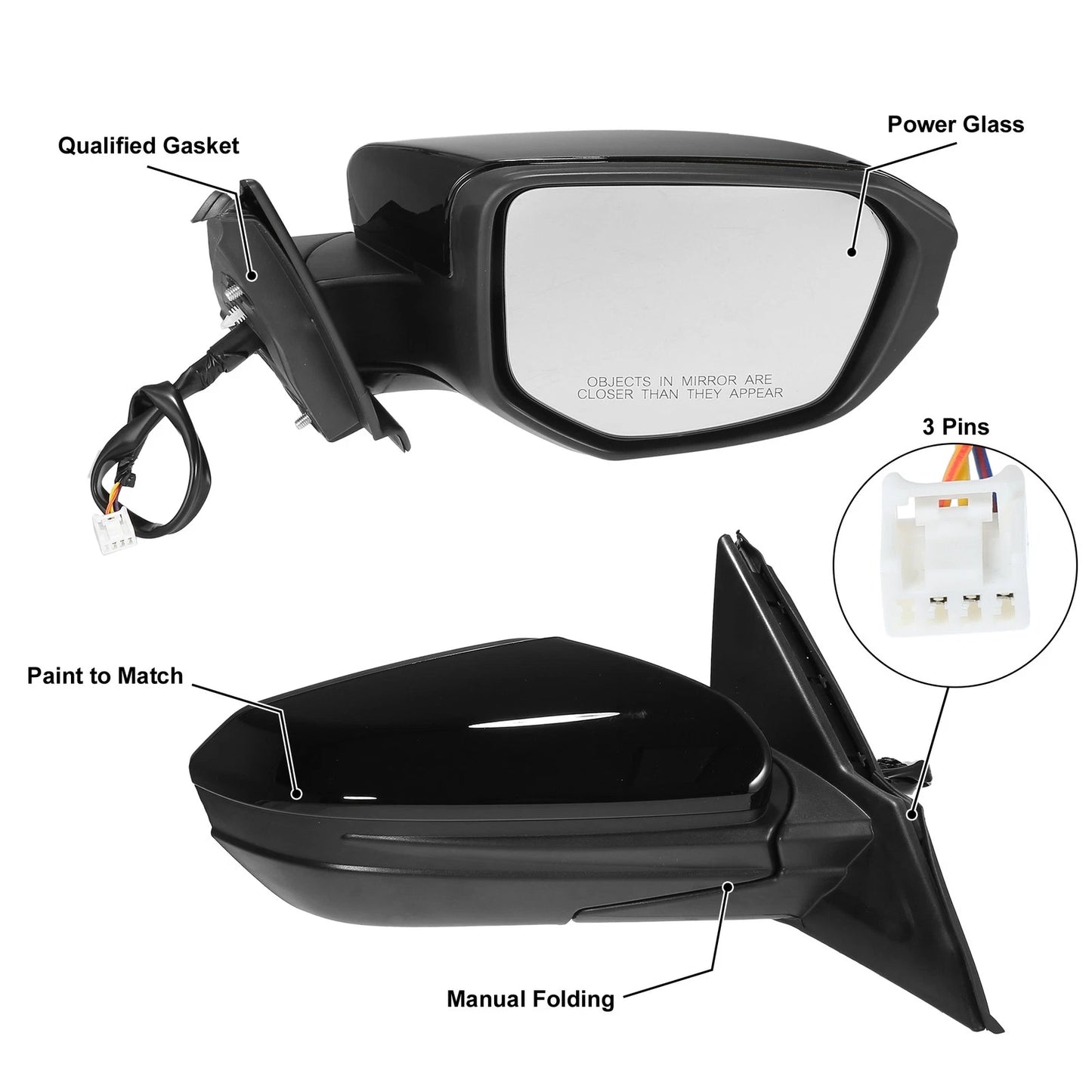 3 Pin Right Side Door Mirror Assembly Black for Honda Civic (2016-2021)