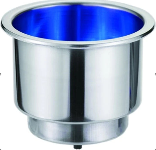 Polished S/S Recessed Drink Holder with Blue LED for Caravan/Boat/RV