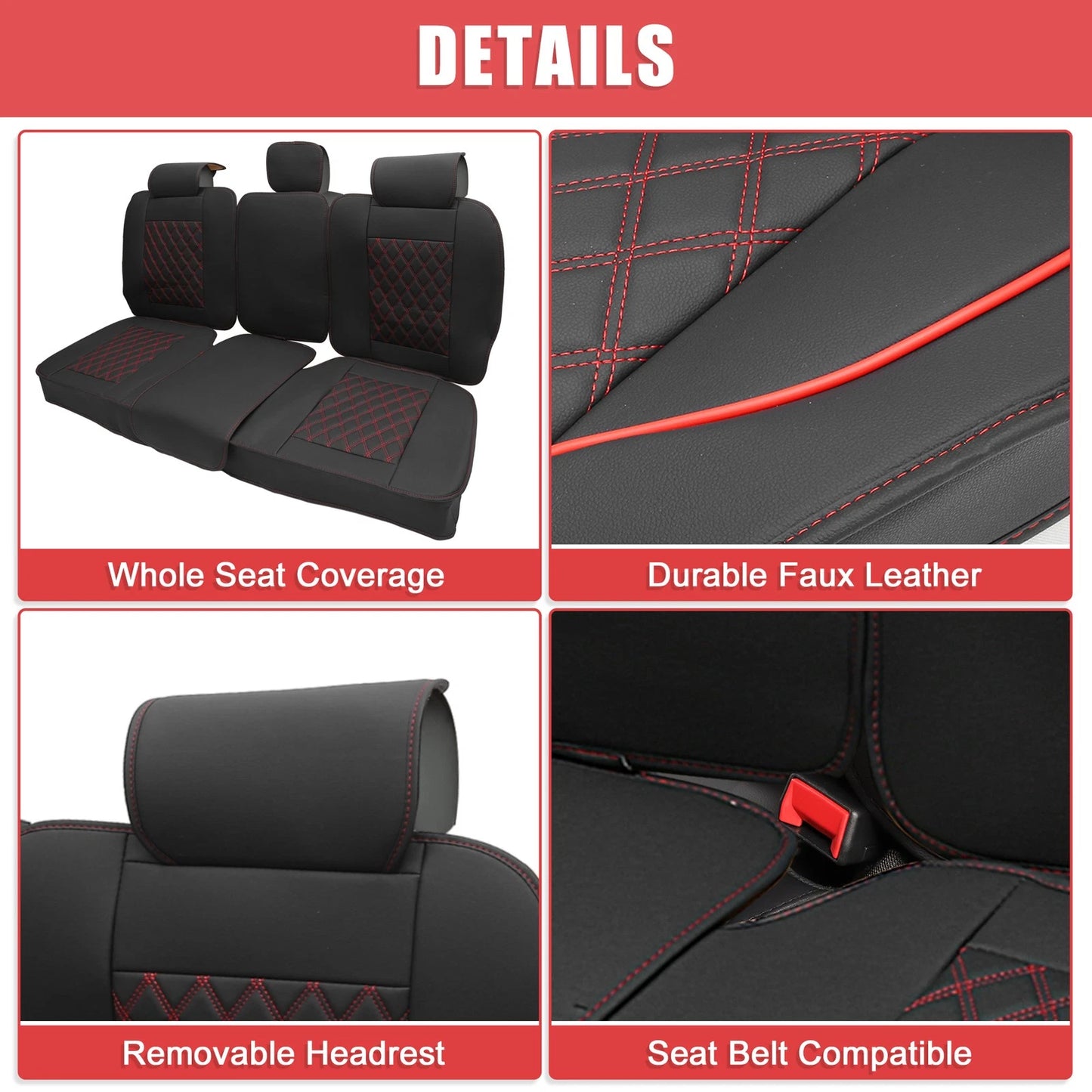 Rear Seat Covers 3 Pcs for Dodge Ram Black Red