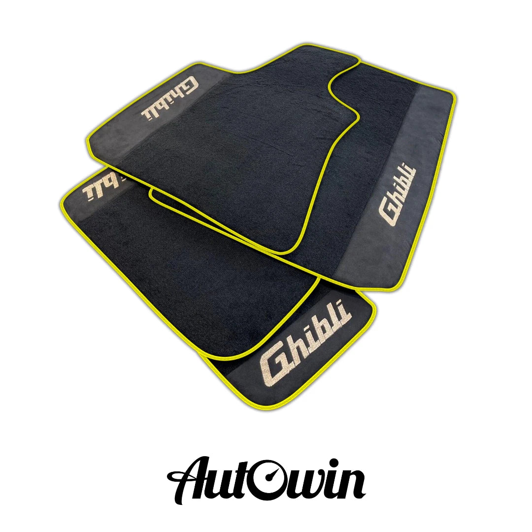 AutoWin Black Floor Mats for Maserati Ghibli (2014-2023) - Alcantara, Yellow Trim