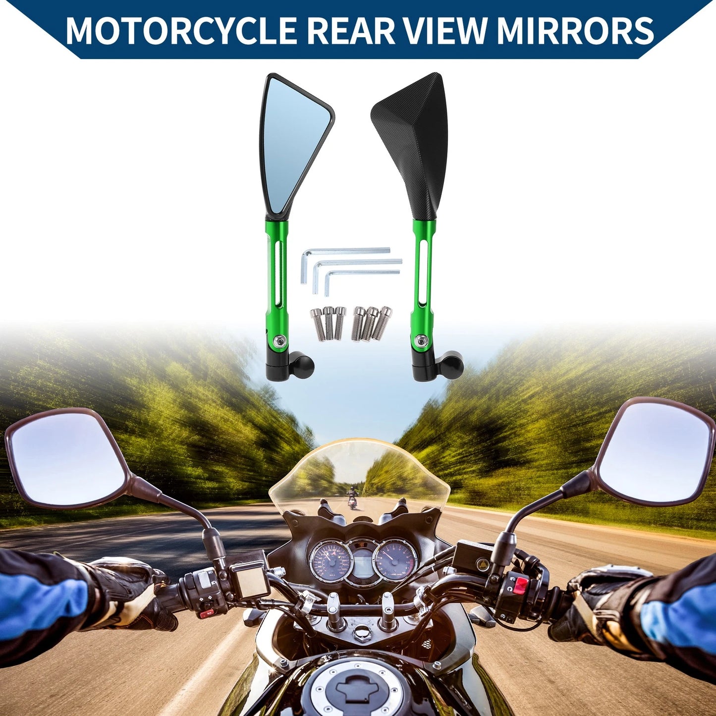 Rear View Mirrors Triangle Shape Black Green Aluminum Alloy for M8/M10