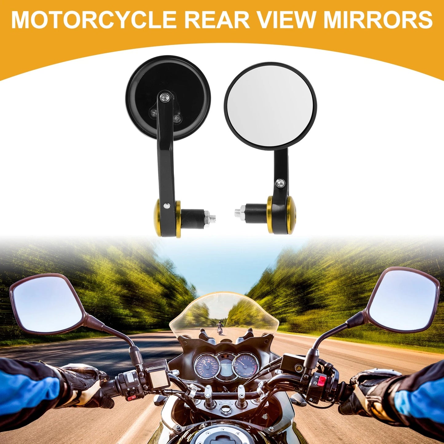 2 x Handlebar Mirrors for M8 Motorcycle – Black Gold Tone Aluminum