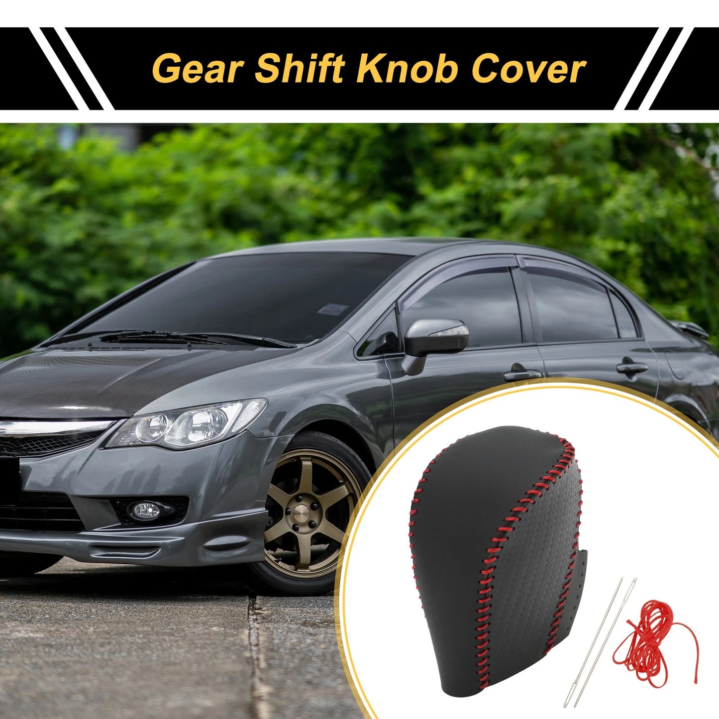 Car Gear Shift Knob Cover for Honda Civic (2016-2021) Black Red Faux Leather