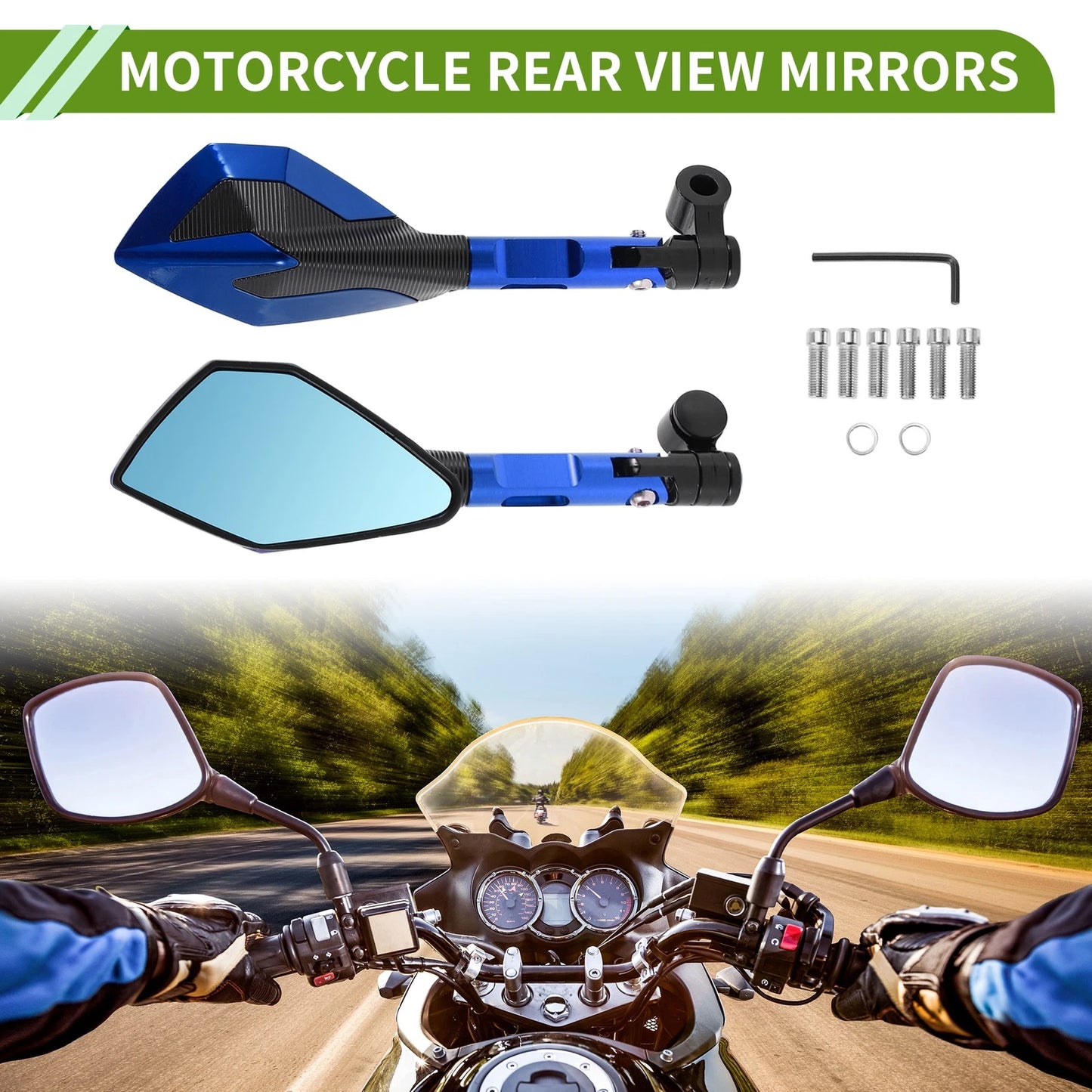 M8/M10 1 Set Motorcycle Rear View Mirrors Polygonal Shape Blue Aluminum Alloy