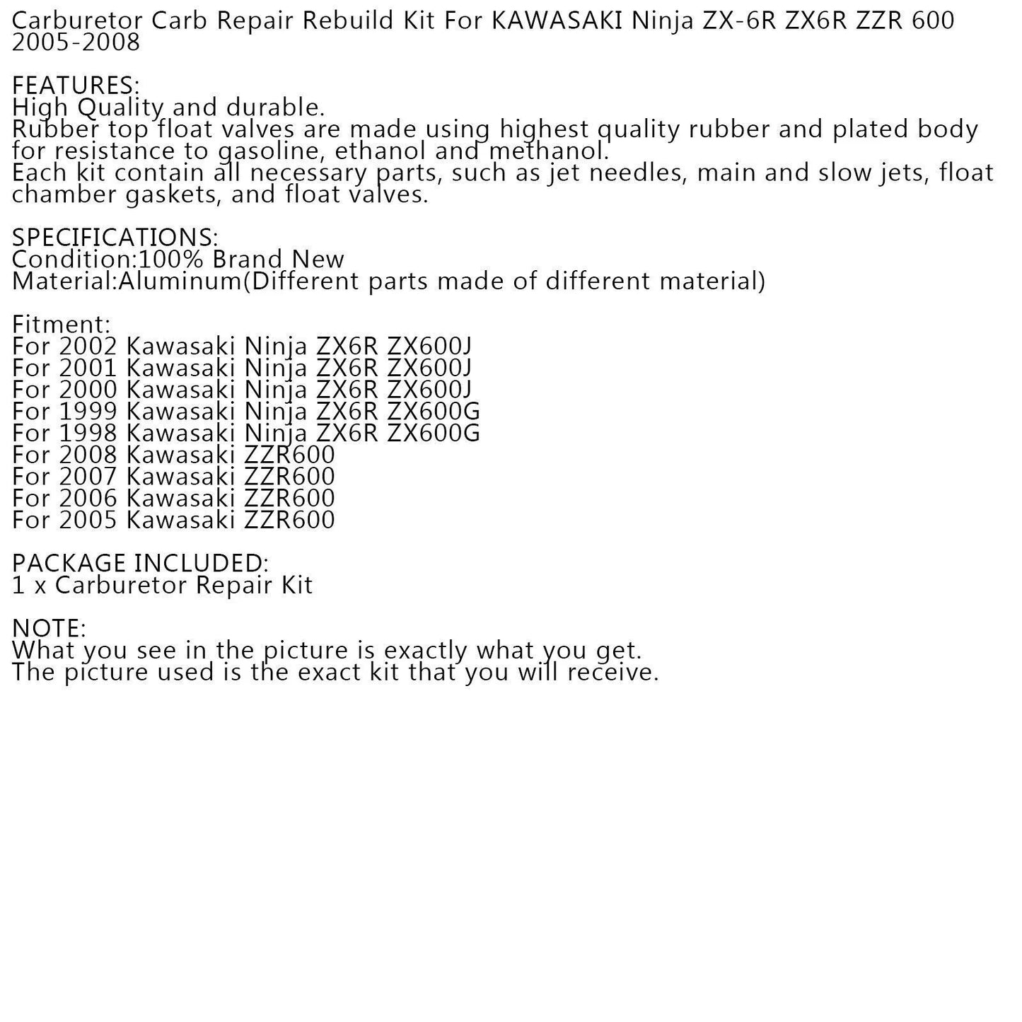 Carburetor Repair Kit for Kawasaki Ninja ZX6R, ZZR 600 (1998-2008)