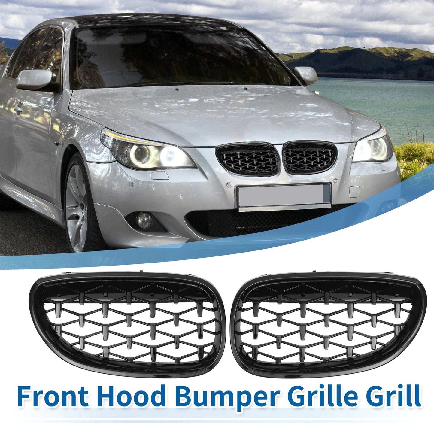 Pair Front Hood Bumper Grille for BMW 5 Series E60 (2004-2009) Black