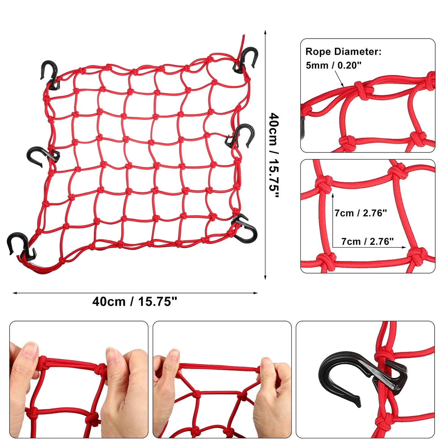 1 Pcs 40x40cm 49 Holes Motorcycle Luggage Net Bag with 6 Hooks Red for Bike