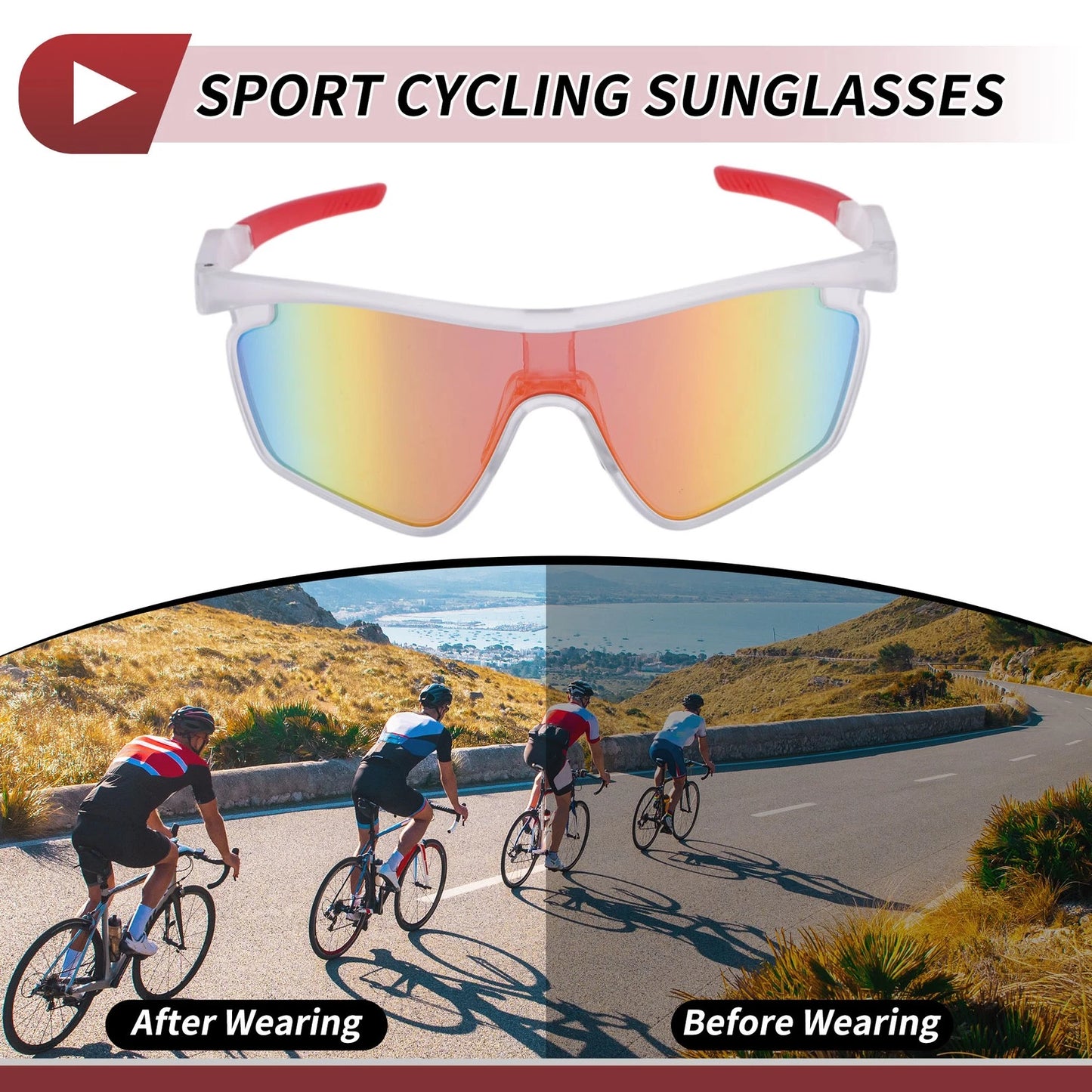 Motorcycle Riding Goggles Red Lens Clear Frame PC Cycling Sunglasses