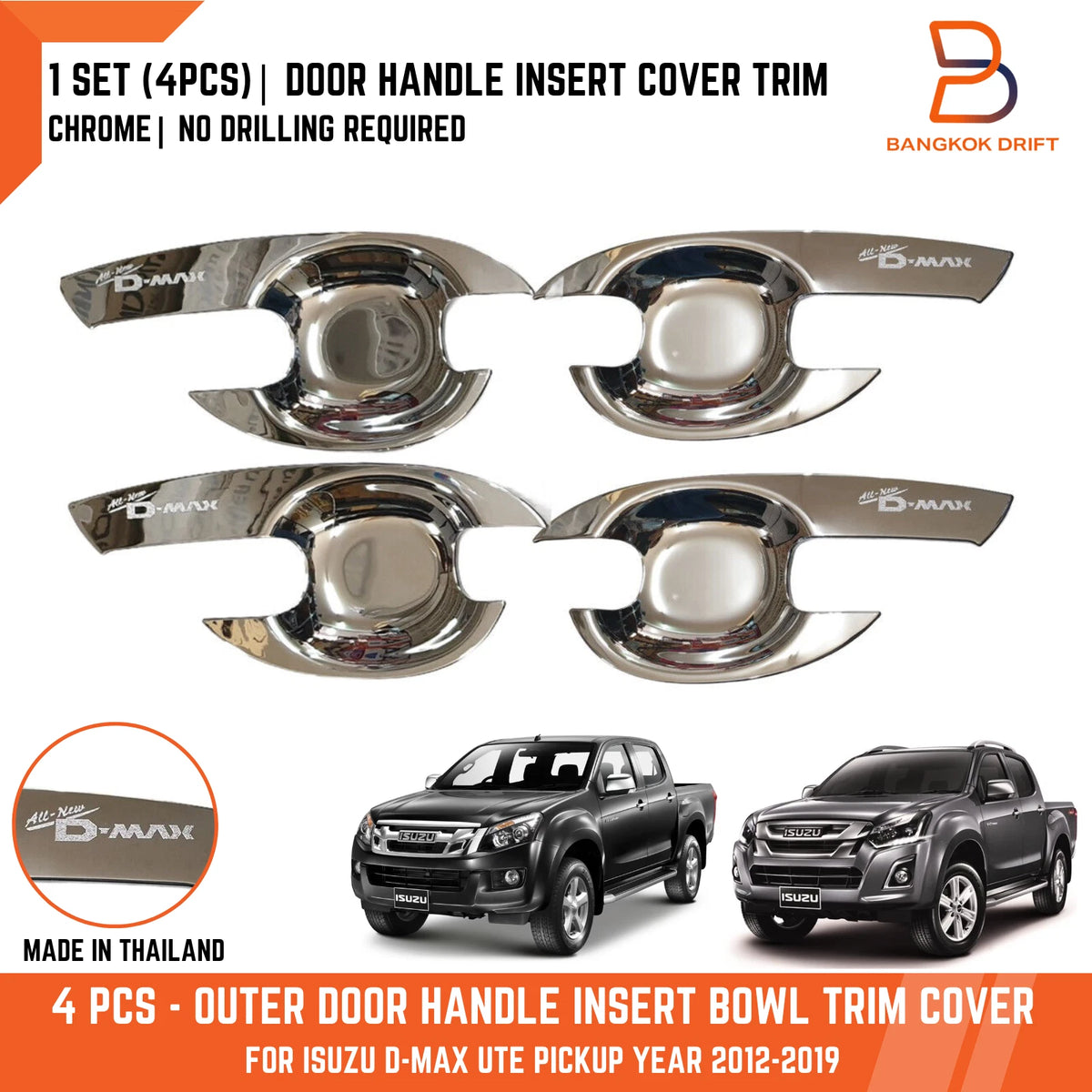 Chrome 4 Door Handle Cover Insert Bowl Trim for Isuzu D-Max Ute (2012-2019)
