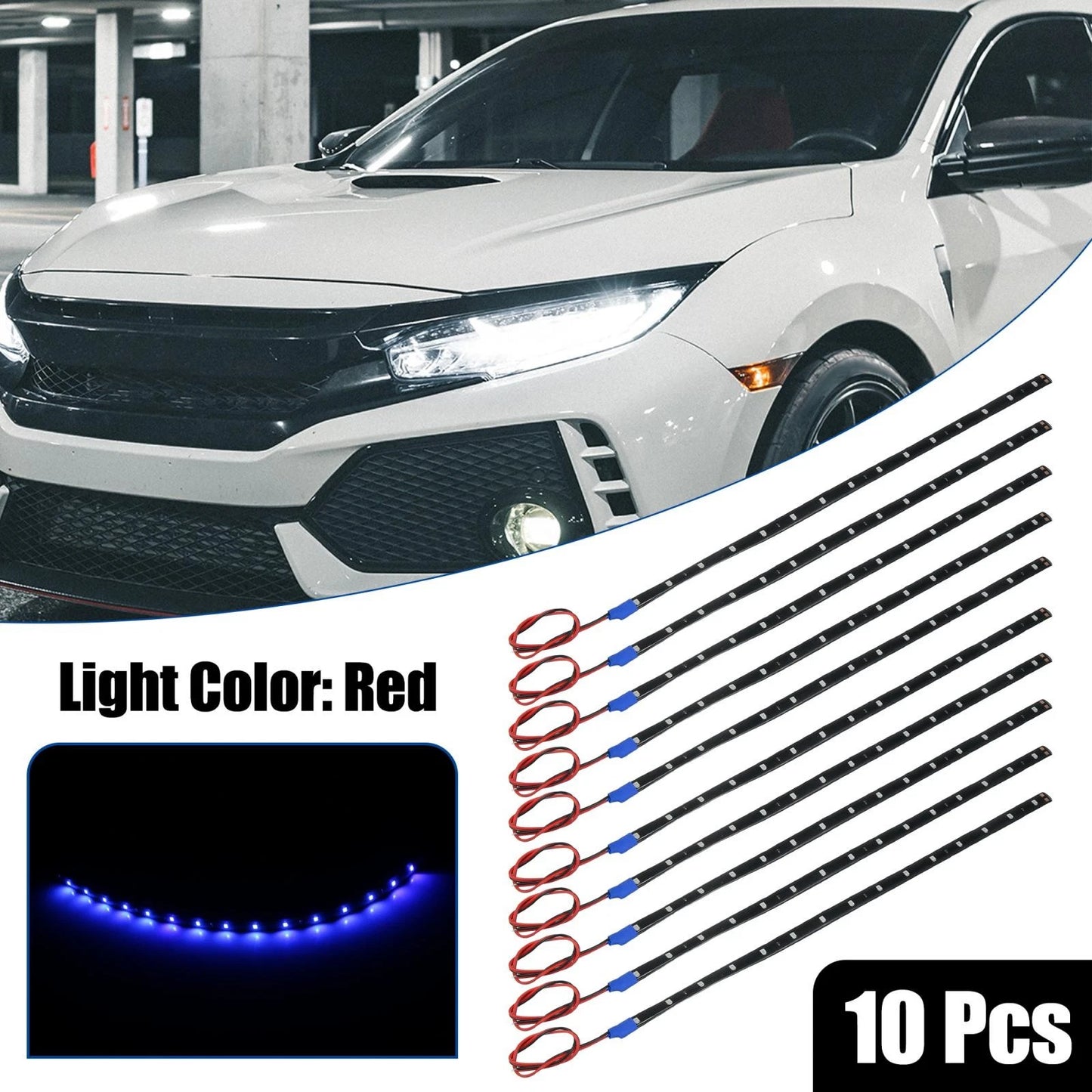 10pcs 30cm Interior LED Strip Light 12V Flexible for Cars/Motorcycles Blue Light
