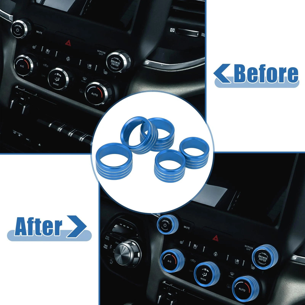 5x Blue Car AC Radio Switch Knob Cover for Dodge Ram 1500 (2018-2020)