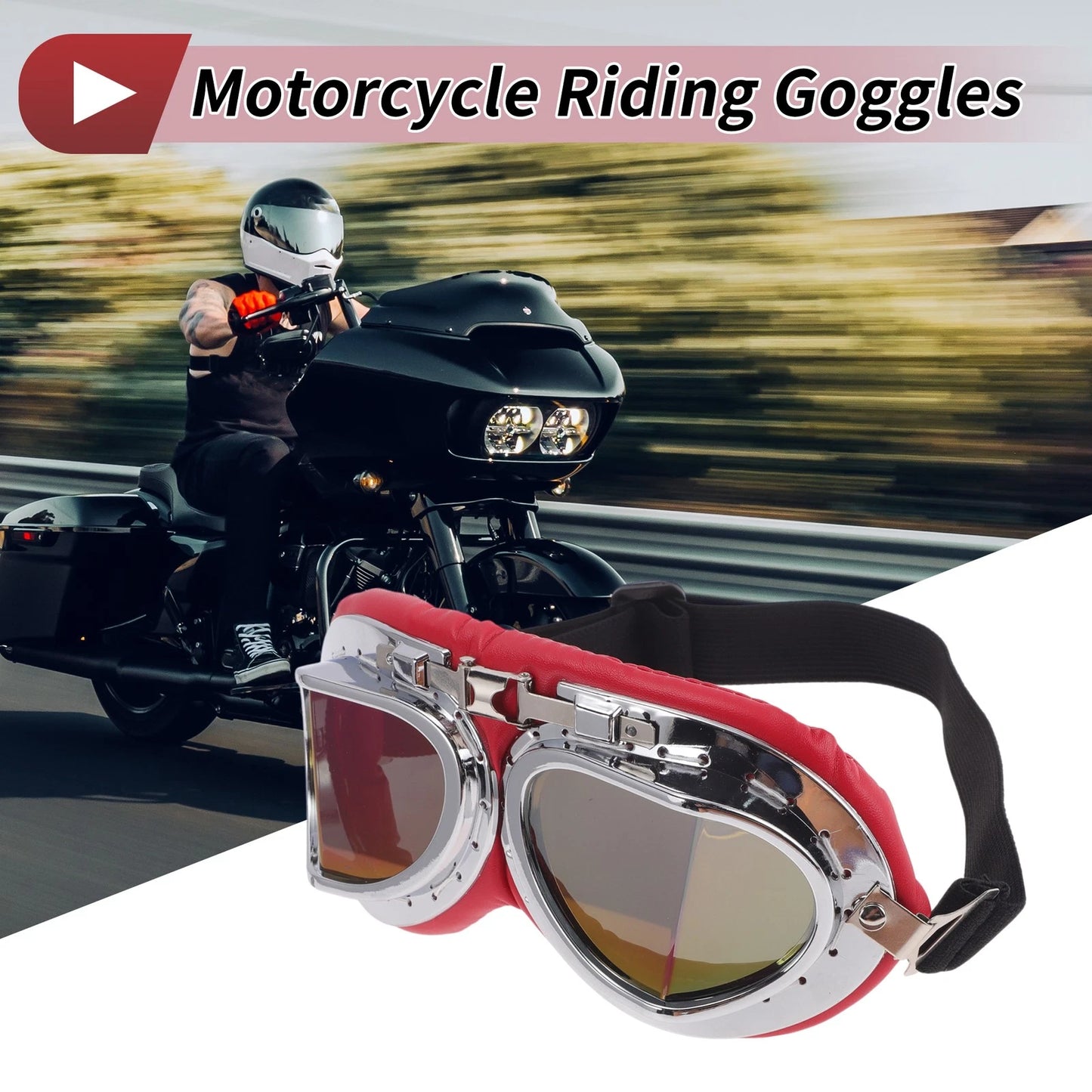 1 x Motorcycle Riding Goggles Colorful Lens Red Silver Tone Frame PC PU Sponge