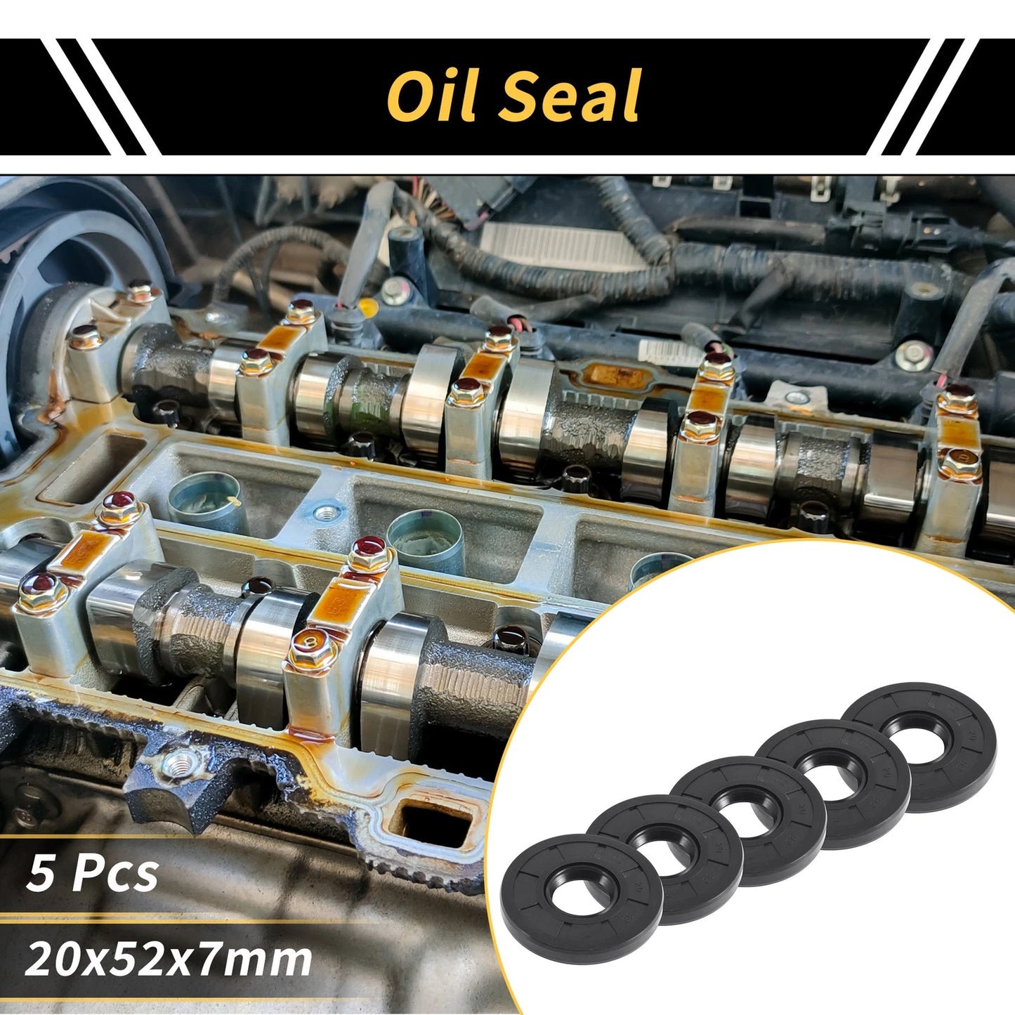 Oil Seal 20x52x7mm NBR Rubber Rotary Shaft Seal Black 5 Pcs