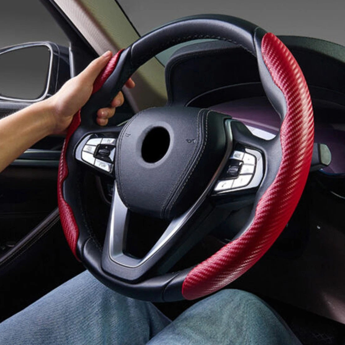 Red Carbon Fiber Steering Wheel Non-Slip Cover Protector for Car