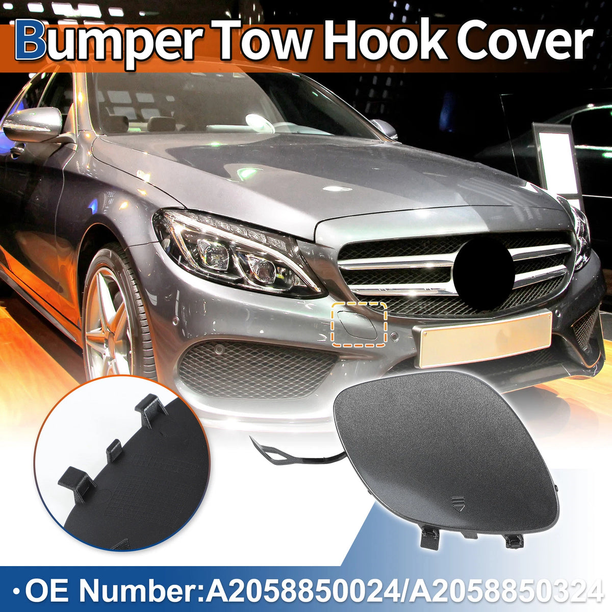 Front Car Bumper Tow Hook Cover for Mercedes-Benz C300 (2015-2018) Grey