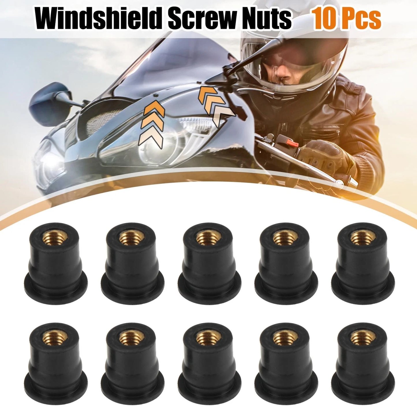 10pcs M6 Convex Black Rubber Windshield Screws Bolts Nut for Motorcycle