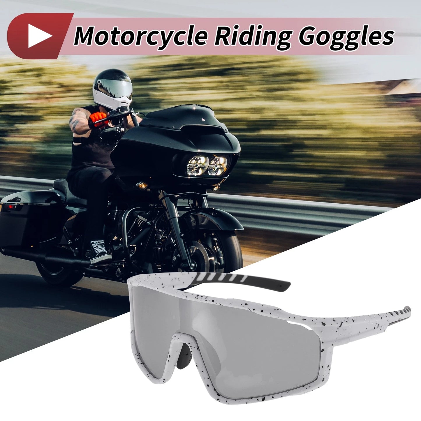 Motorcycle Riding Goggles Silver Tone Gray Lens White Black Frame PC UV400