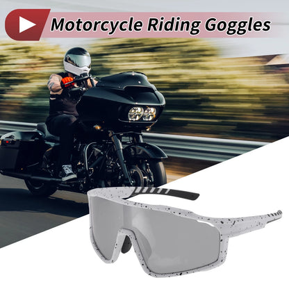 Motorcycle Riding Goggles Silver Tone Gray Lens White Black Frame PC UV400