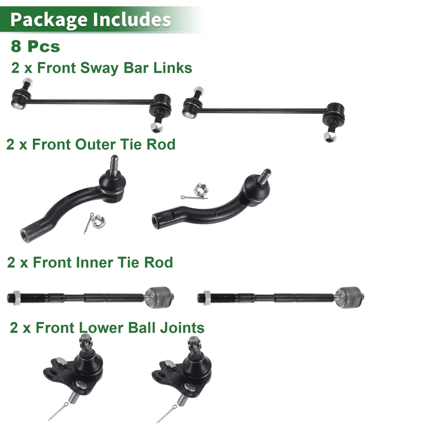 8pcs Front Suspension Kit Tie Rod Ends & Sway Bar Links for Toyota Corolla