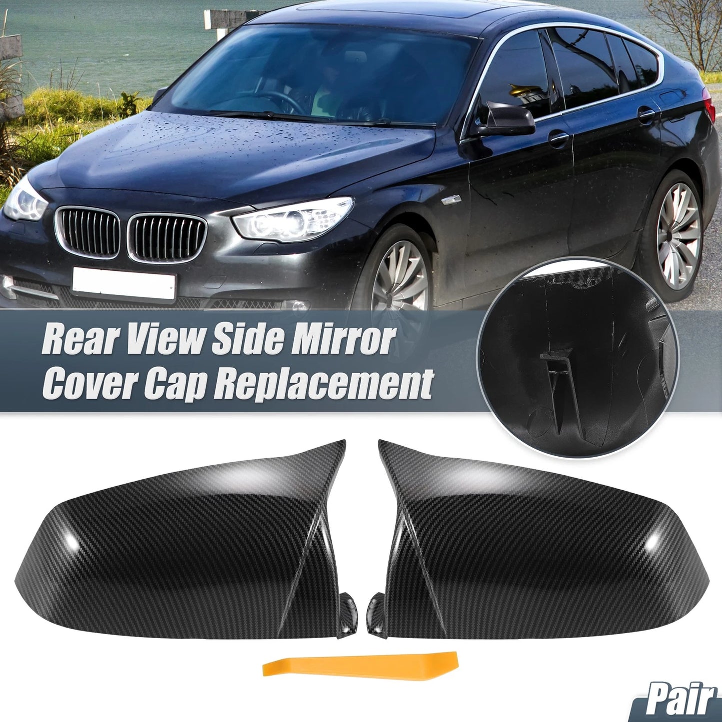 Rearview Mirror Cover Cap 2 x Black Carbon Fiber for BMW 5 6 7 Series (2009-2017)
