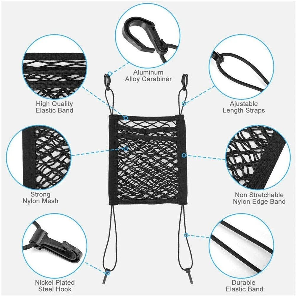 3 Layer Car Storage Net Bag with Hook Mesh Organizer for Front Seat Storage